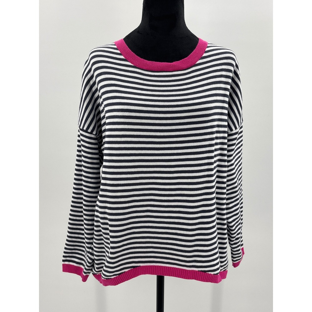 NARURAL Women's L Black White Stripe Long Sleeve Crewneck Cotton Sweater